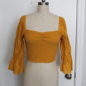 LULUS GOLDEN CROP TOP W/ SHIRRED BODICE & 3/4 RUFFLED SLEEVES SIZE SMALL